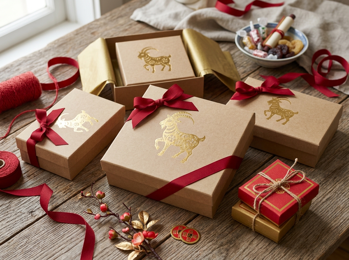 Kraft gift boxes with gold goat symbols and red ribbons for Lunar New Year