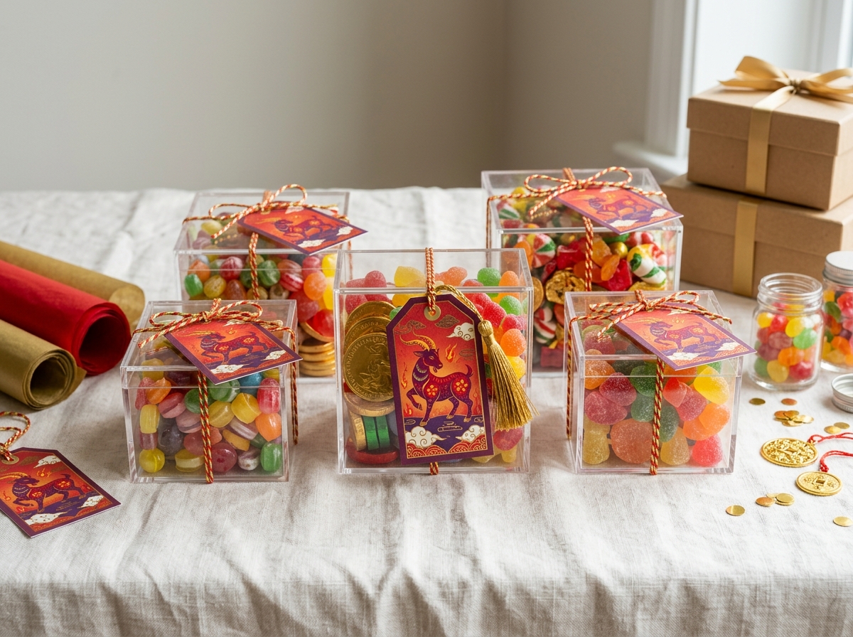 Clear acrylic boxes filled with candies and Fire Goat themed tags