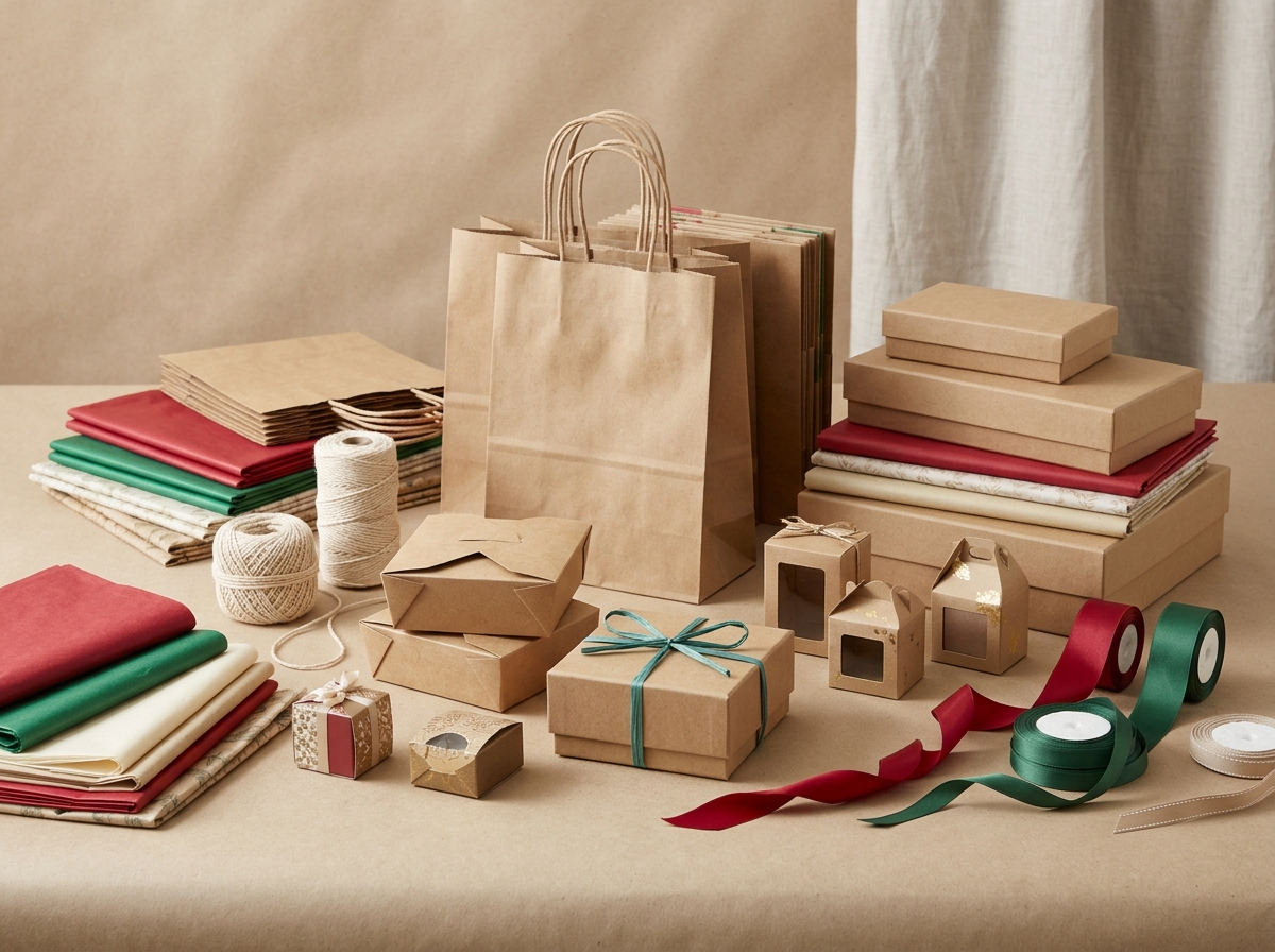 Hands assembling kraft gift bag with tissue paper on retail counter