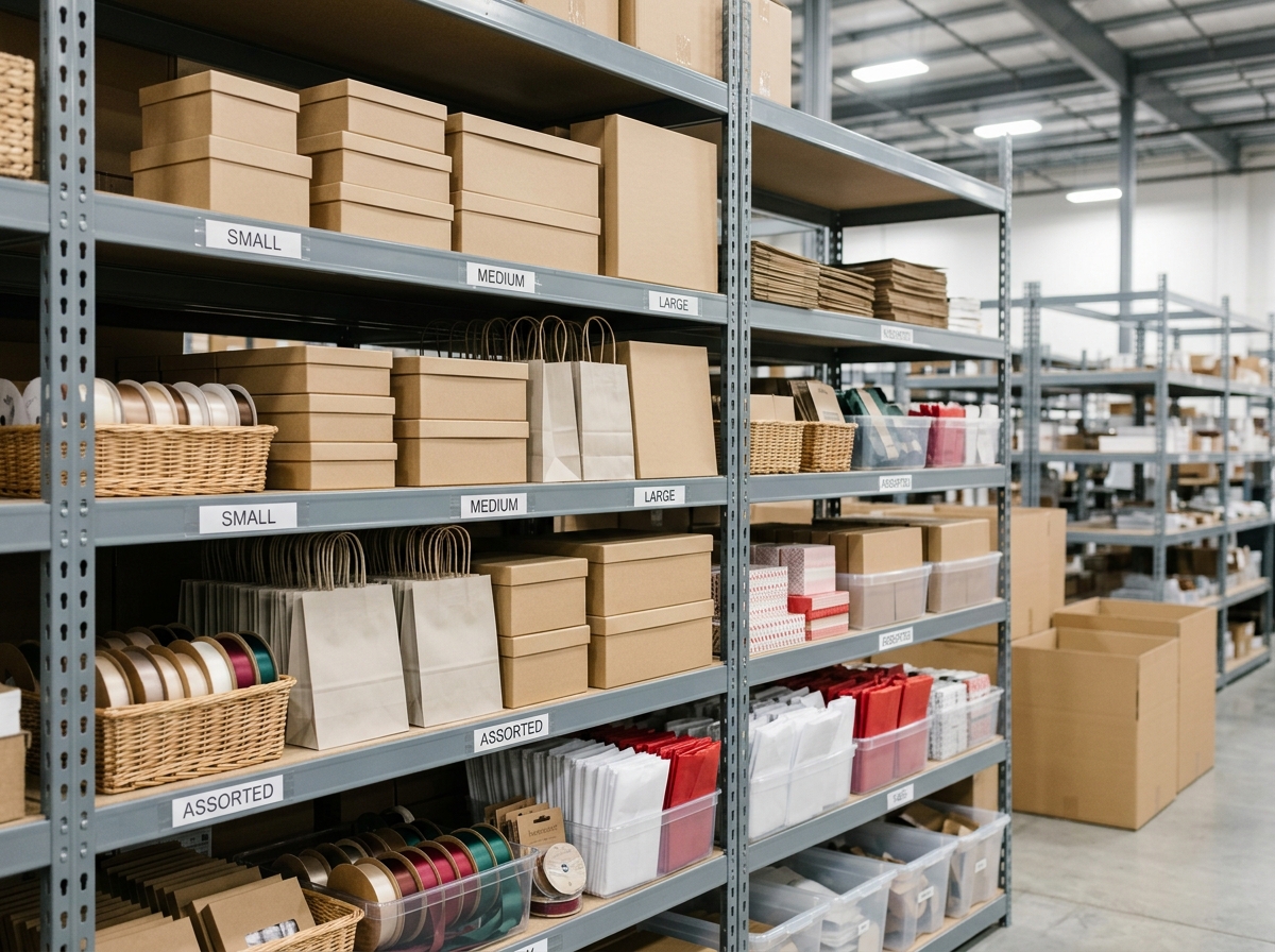 Organized warehouse shelves with stacked gift bags in multiple sizes