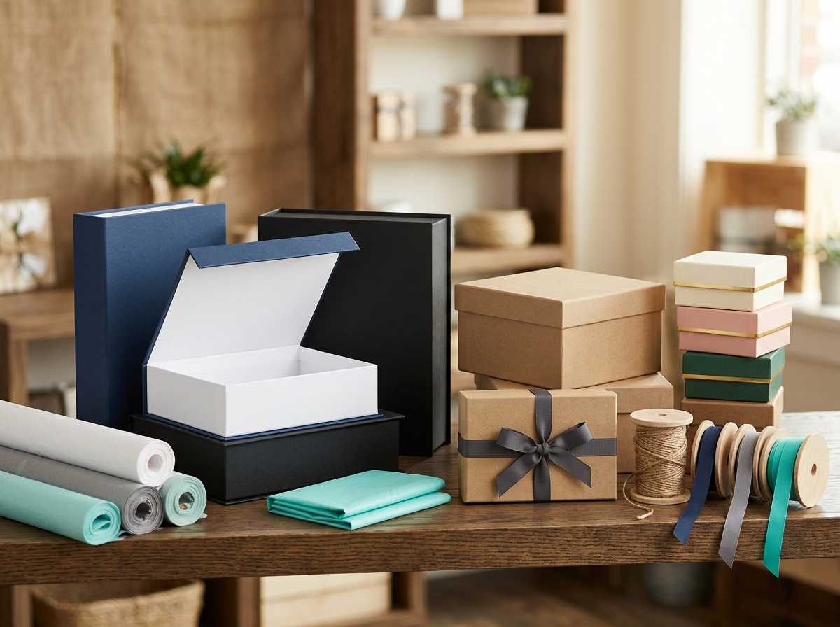 Rigid gift boxes with magnetic closures and decorative paper wraps displayed on retail shelf
