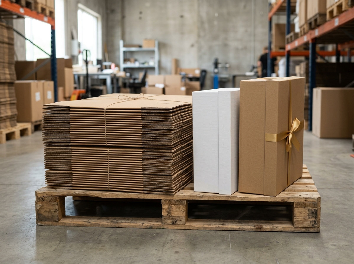 Flat folding cartons stacked on warehouse pallet next to assembled rigid gift boxes