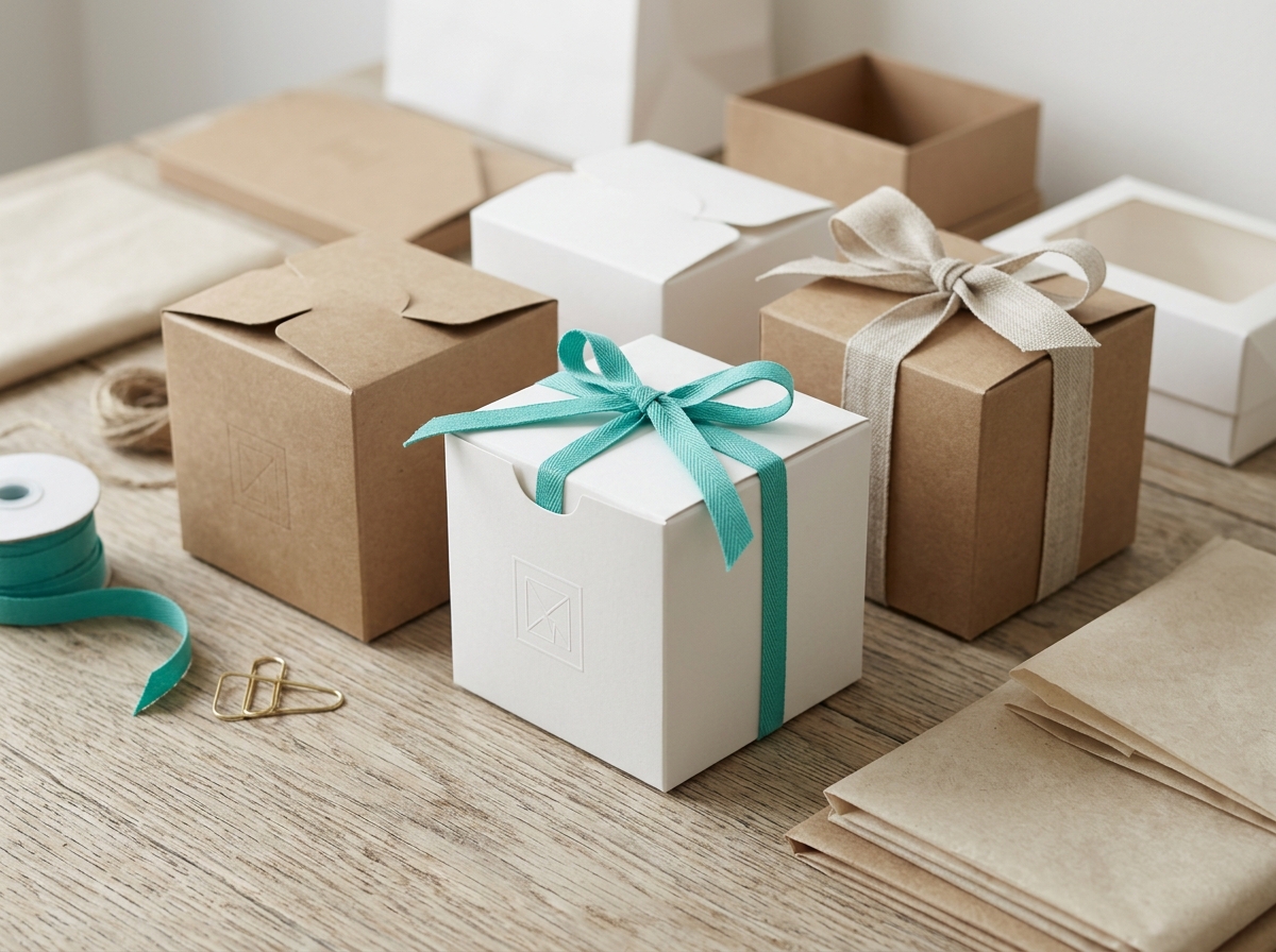 Branded cube gift boxes in kraft and white showing professional closure and logo placement