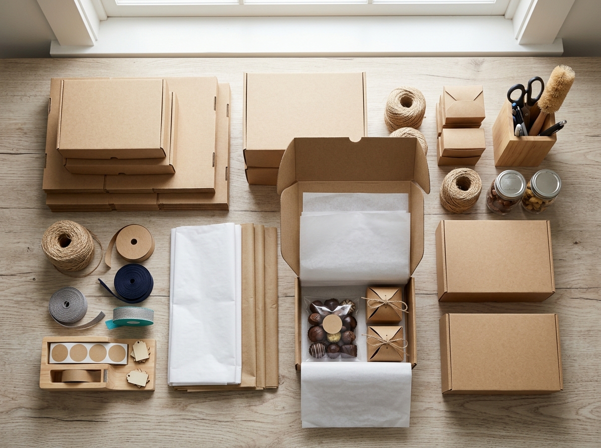 Corporate gift box assembly station with kraft boxes and packaging materials for bulk fulfillment