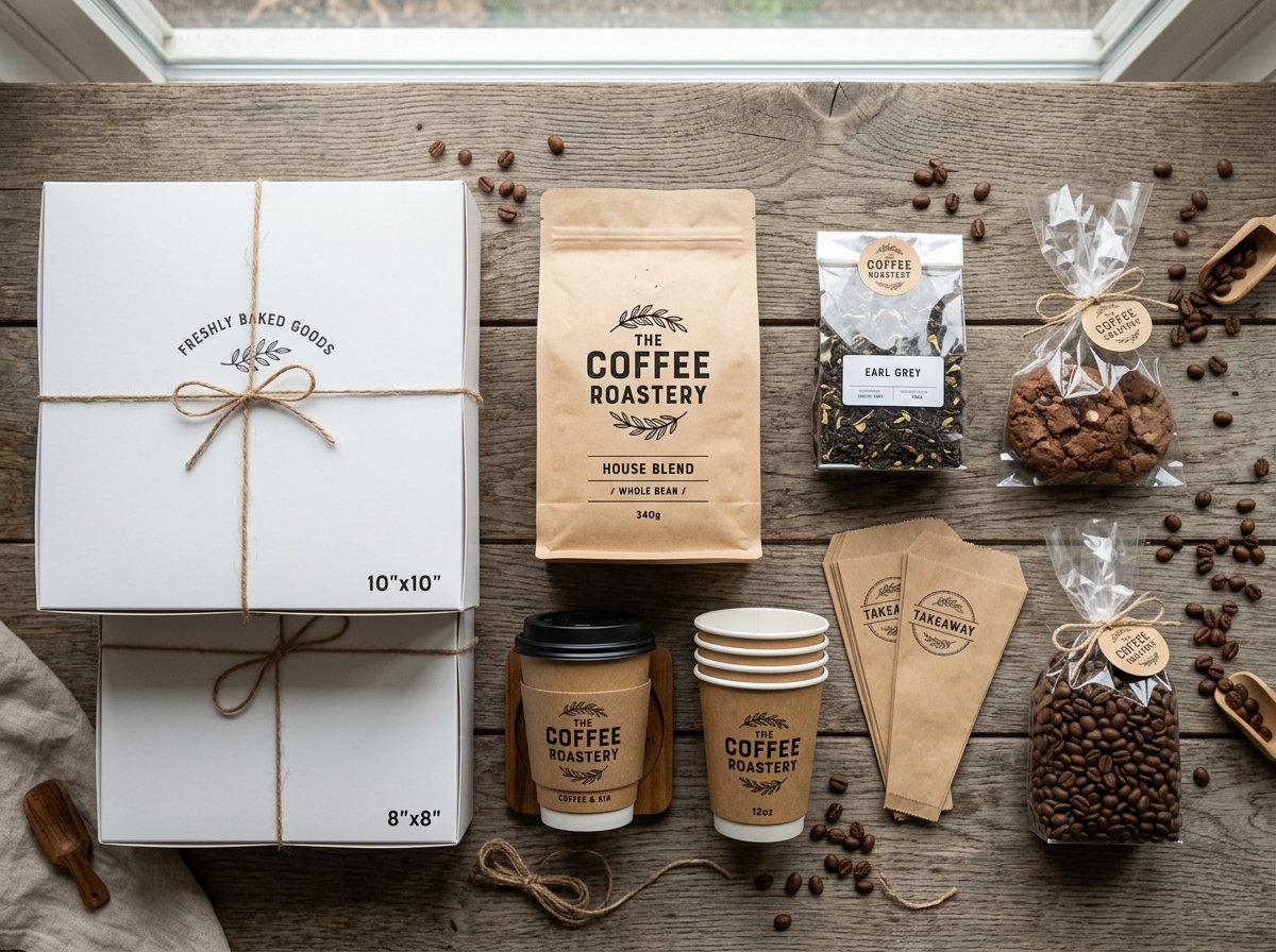 Overhead view of various coffee shop packaging supplies including kraft bags, white bakery boxes, and branded coffee cups arranged on a wooden counter