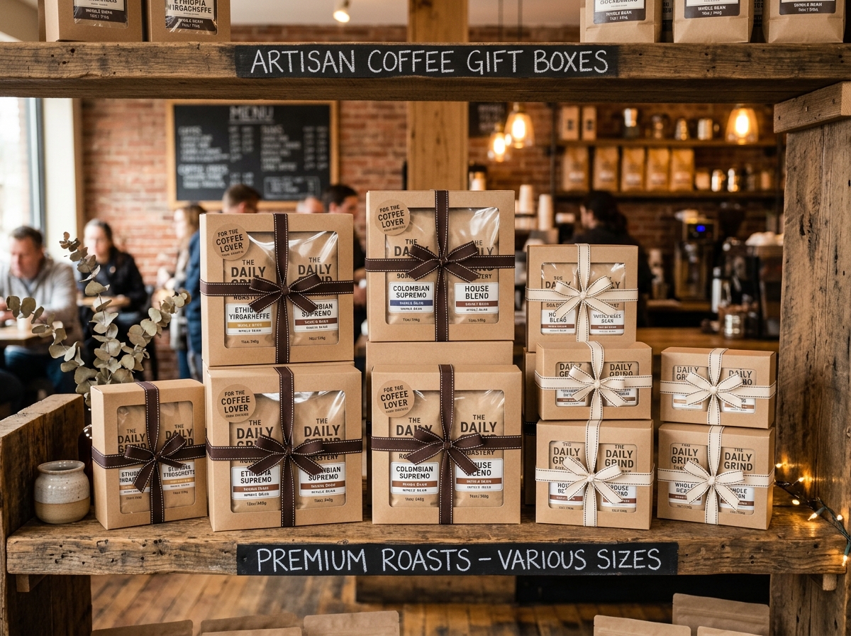 Coffee shop gift box display showing multiple sizes of kraft boxes with windows, filled with coffee bags and wrapped with ribbon