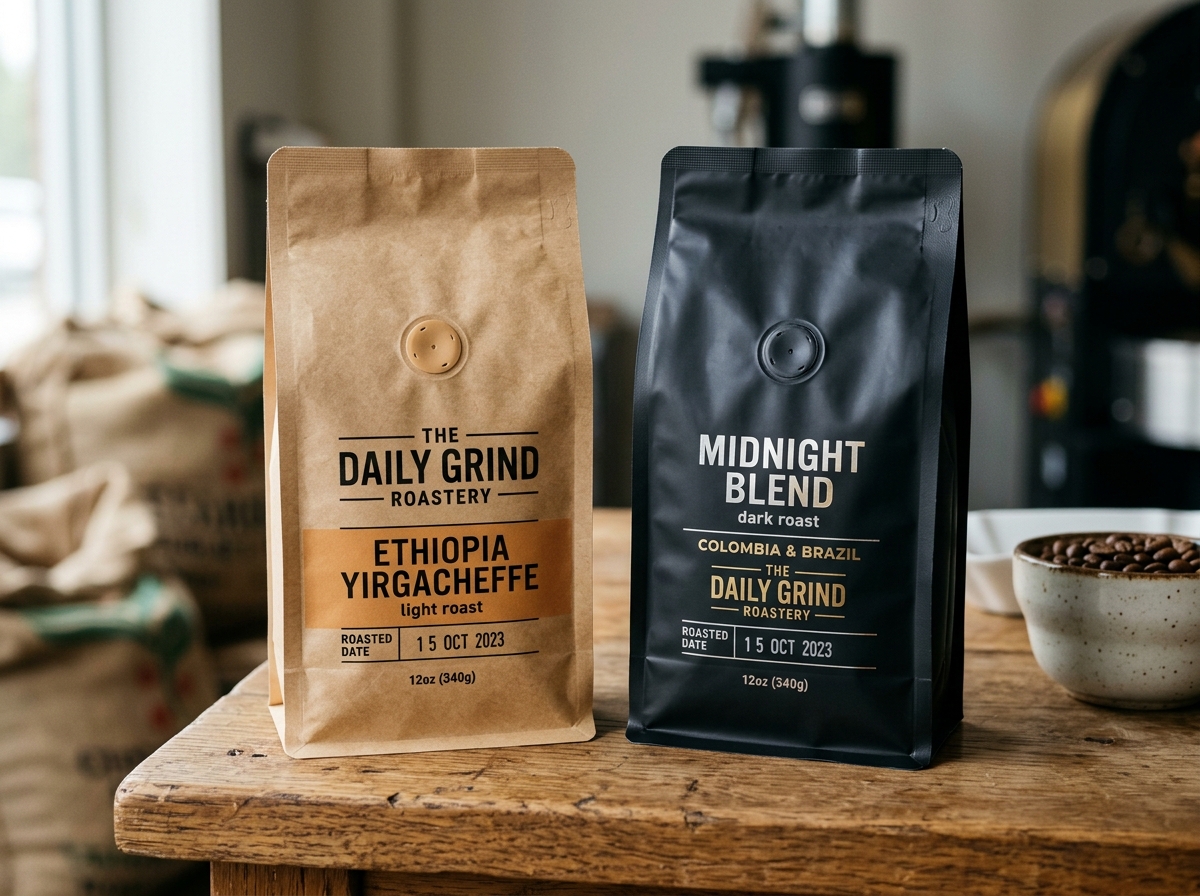 Close-up of custom branded coffee bags with one-way valves showing kraft paper and foil laminate options side by side