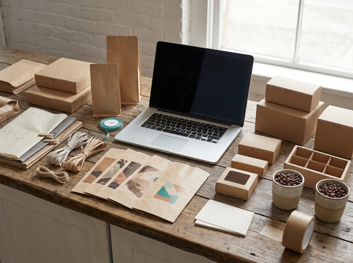 Coffee roaster reviewing packaging samples and supplier quotes