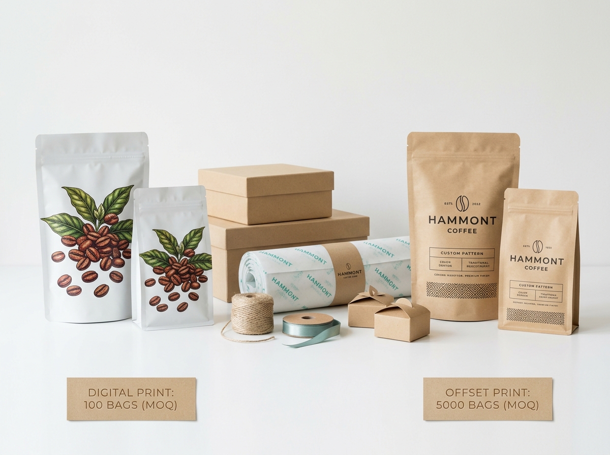 Comparison of digital printed versus offset printed coffee bags with MOQ labels