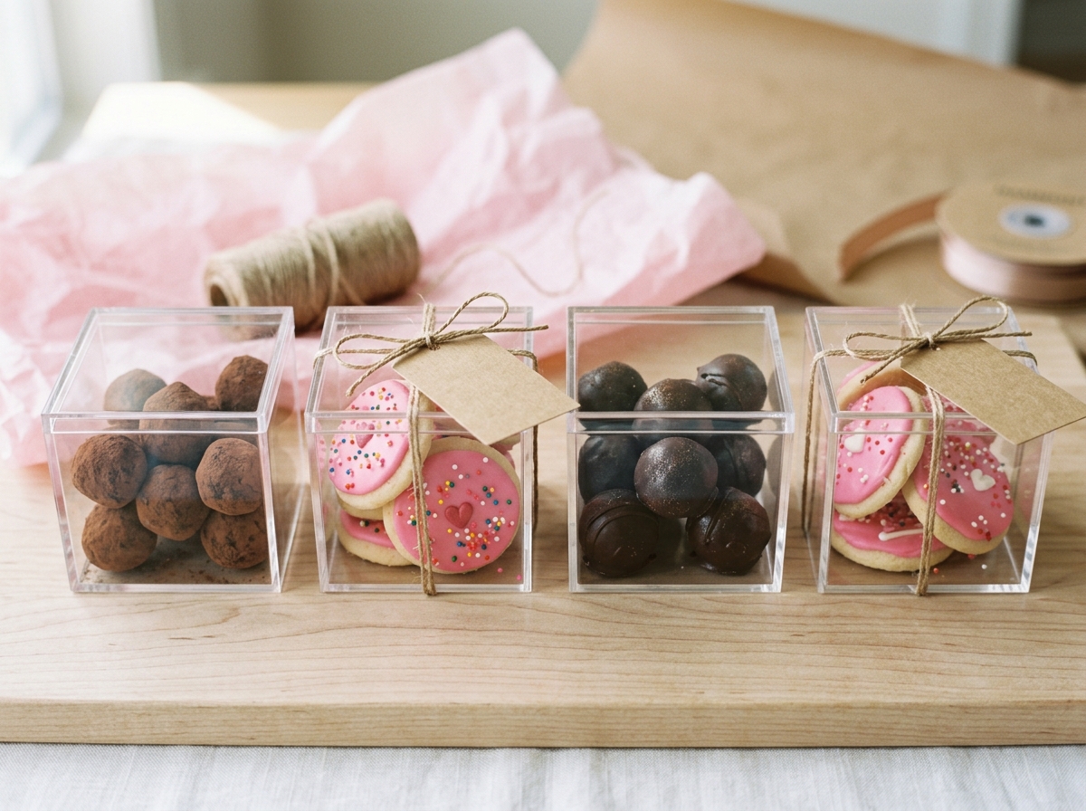 Clear acrylic cube boxes filled with pink-frosted cookies and chocolate truffles arranged with tissue paper and gift tags