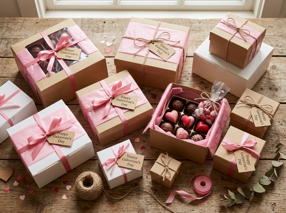 Assortment of neutral kraft and white gift boxes with pink cellophane wrap and ribbons styled with Galentine's Day gift tags