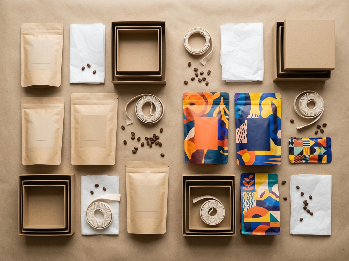 Flat lay of coffee packaging designs showing minimalist kraft bags and bold colorful pouches
