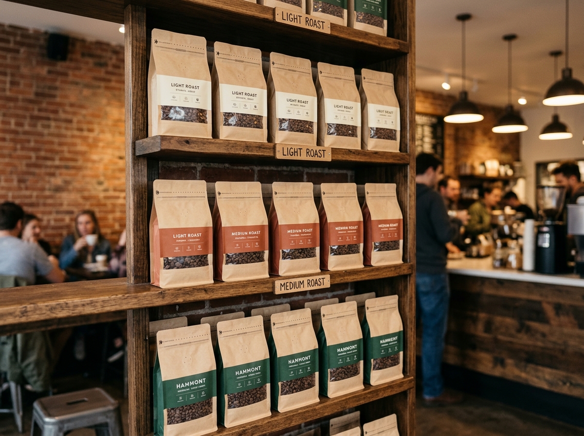 Coffee shop display showing coordinated packaging color system across multiple roast levels