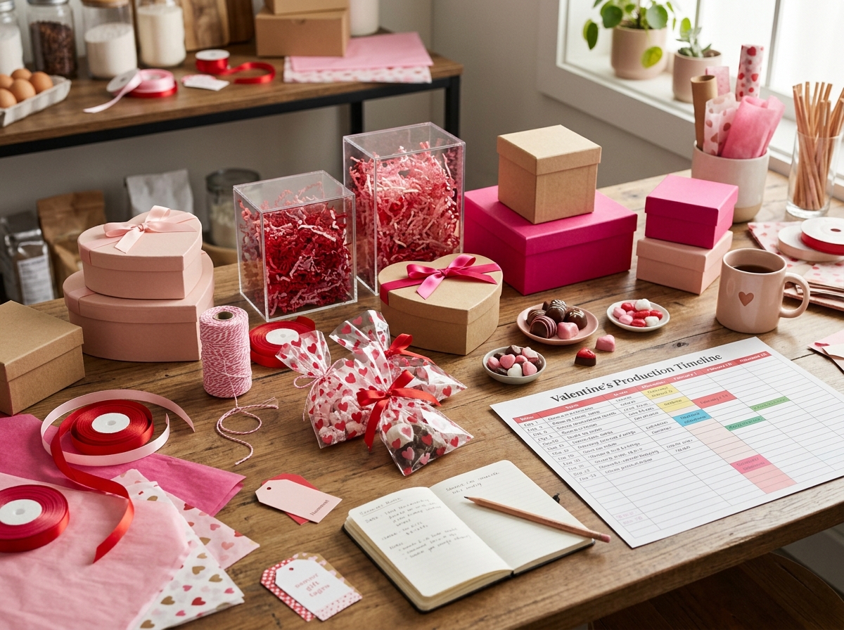 Small bakery owner reviewing Valentine packaging samples with production timeline