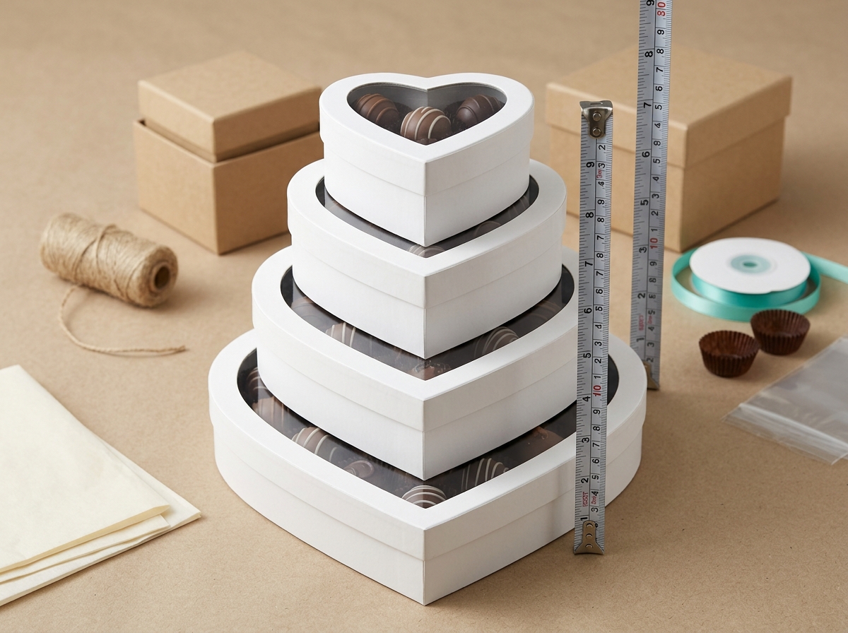 Stack of heart-shaped candy boxes showing MOQ tiers for small bakeries