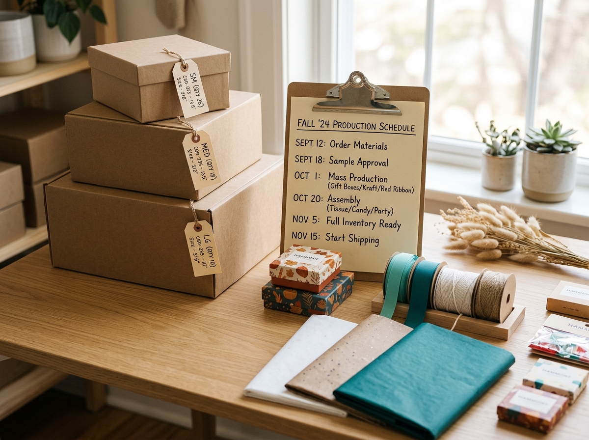 Stacked kraft boxes organized by size with inventory planning clipboard