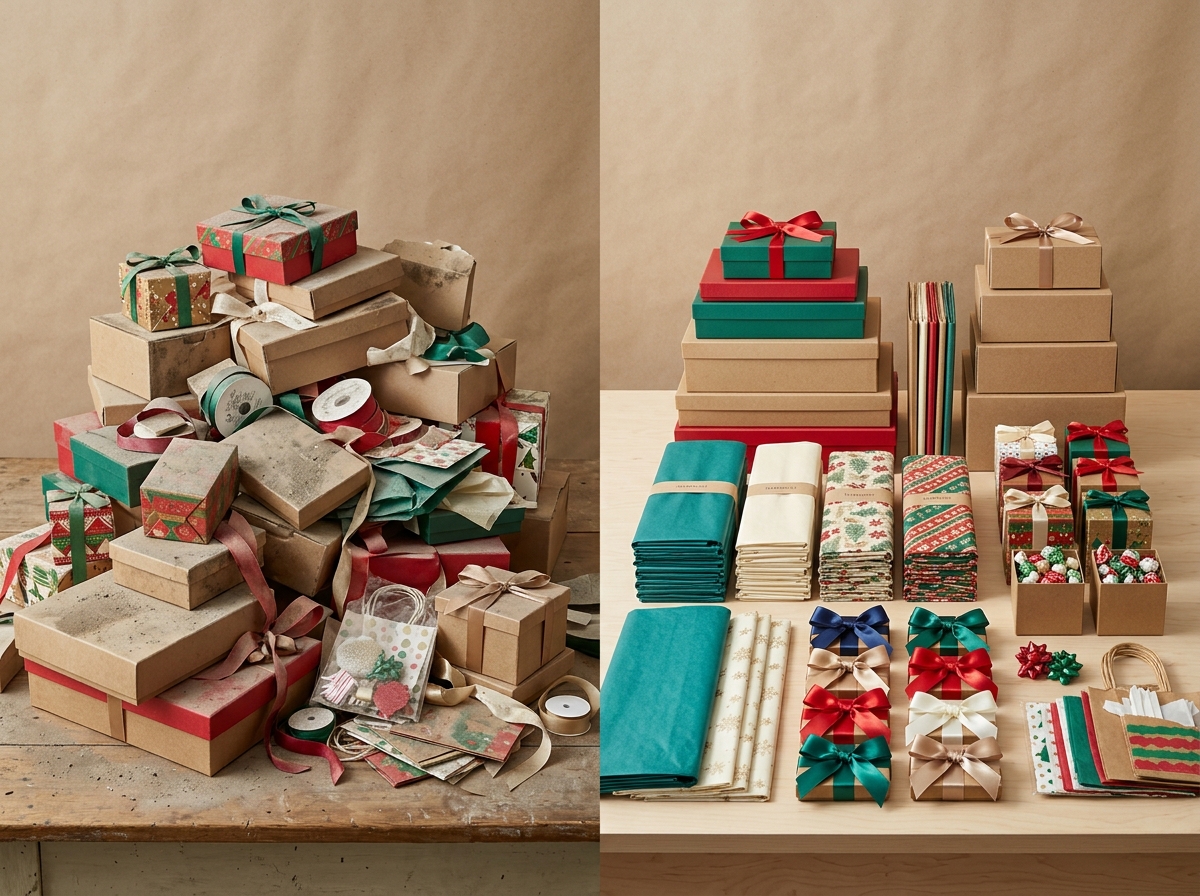 Side by side comparison of overstocked packaging versus well-planned seasonal inventory