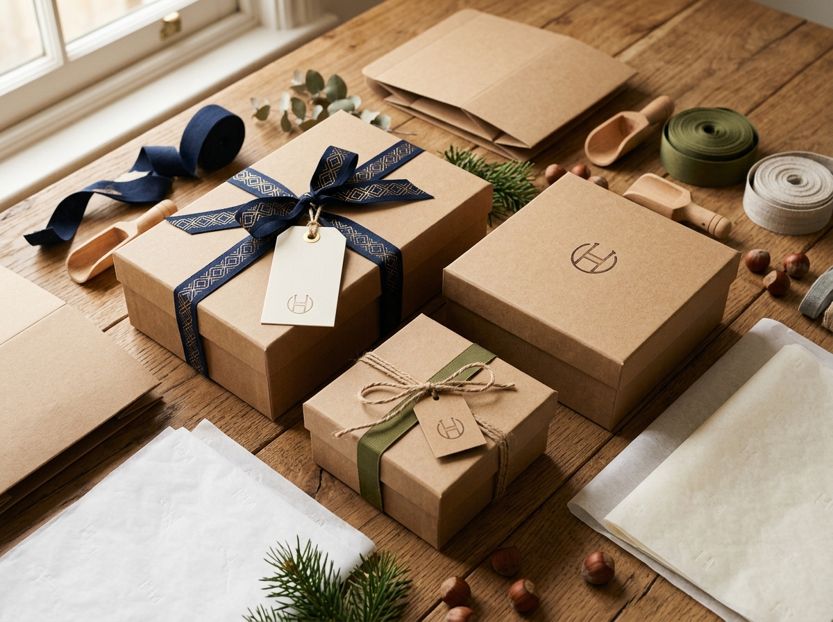 Kraft gift boxes with custom ribbon and branded hang tags arranged on a wooden surface