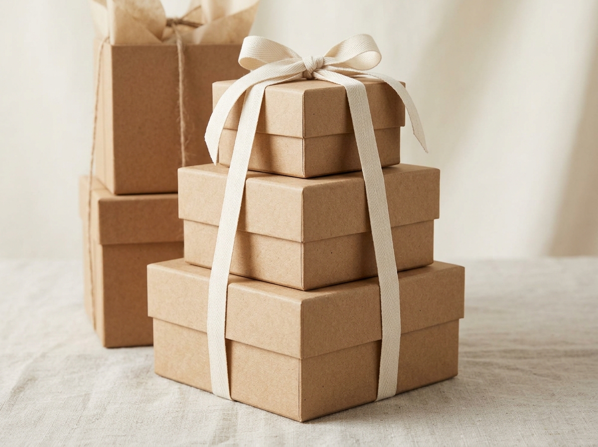 Stacked kraft cube boxes with minimal branding and natural ribbon detail