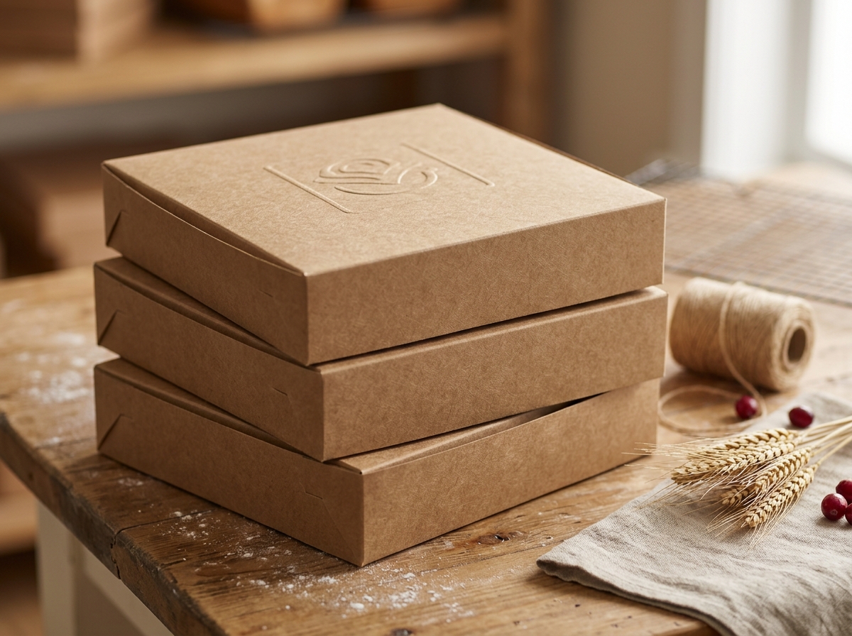 Stack of kraft pie boxes showing natural brown paperboard texture