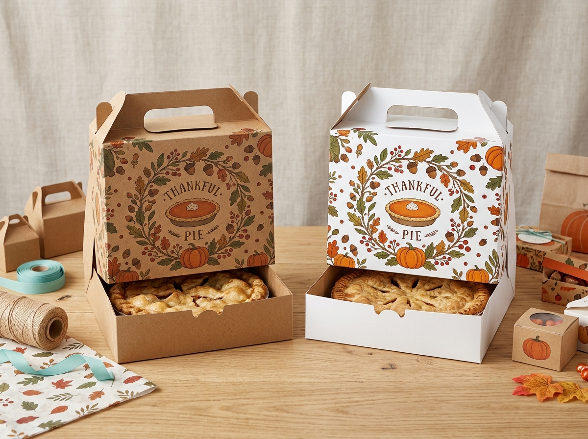 Side-by-side comparison of printed kraft and SBS pie boxes showing color vibrancy difference