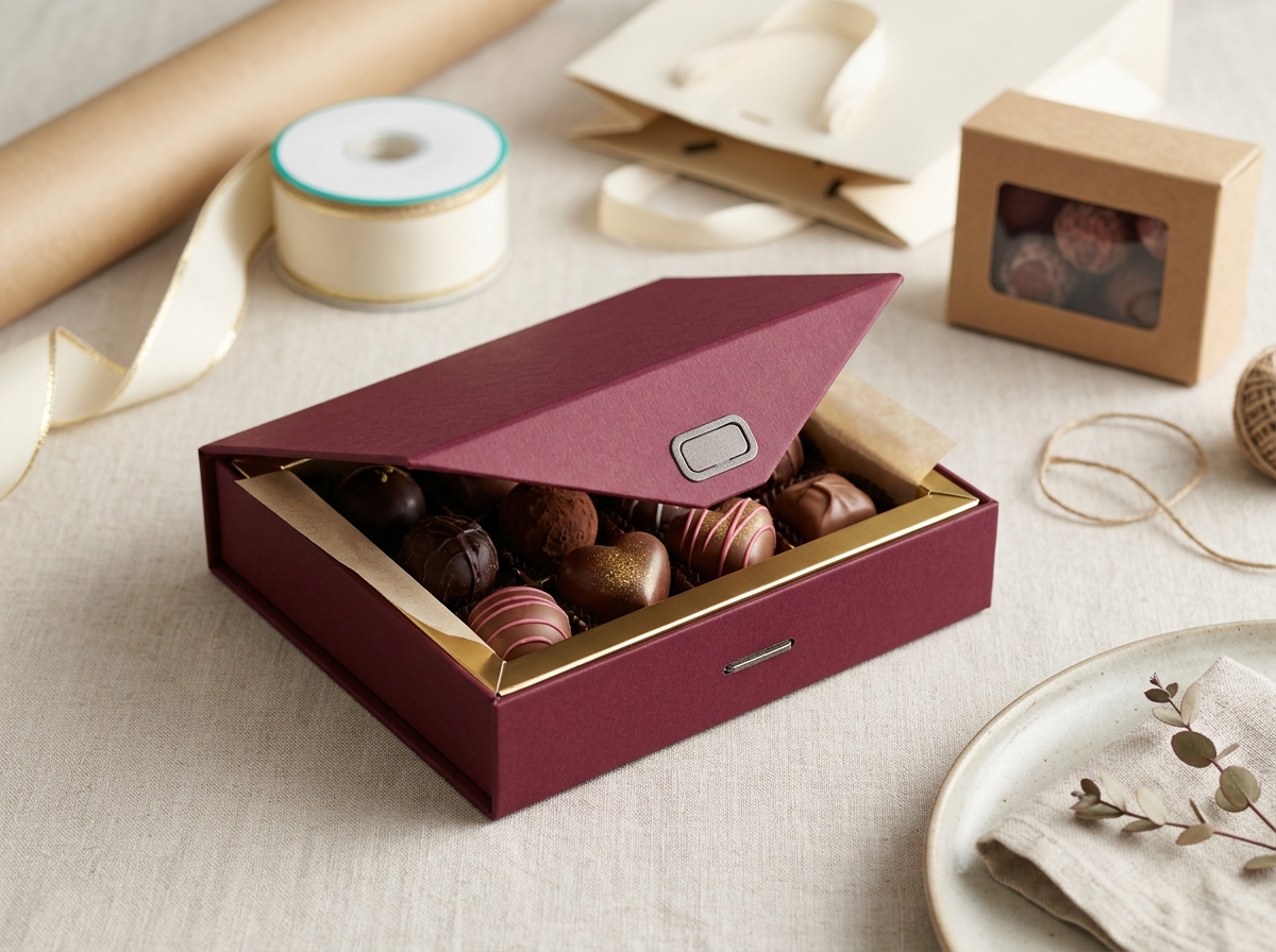 Magnetic closure candy box opening to reveal Valentine chocolates