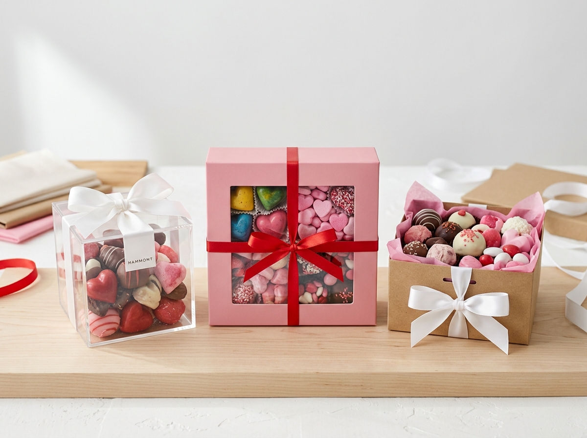Comparison of gift-ready candy box styles with magnetic closures and clear acrylic options