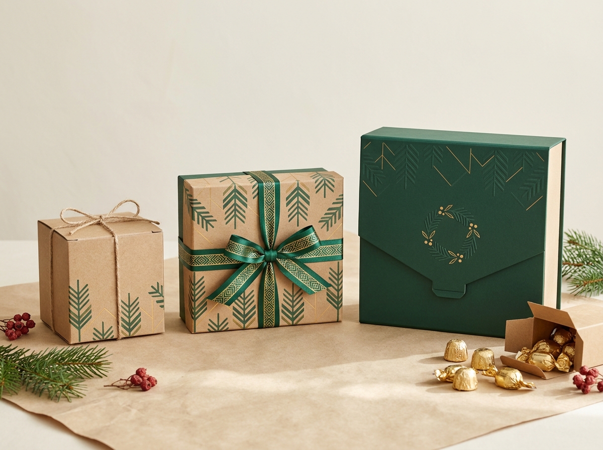 Three corporate gift boxes showing tiered packaging strategy with varying sizes and finishes