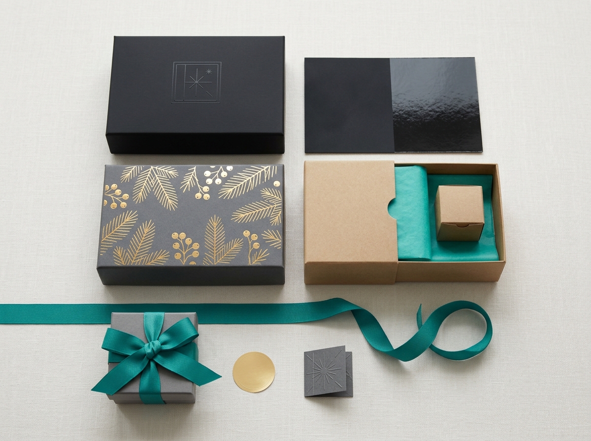 Close-up of packaging finishing options showing matte coating, foil stamping, embossed logo, and ribbon details