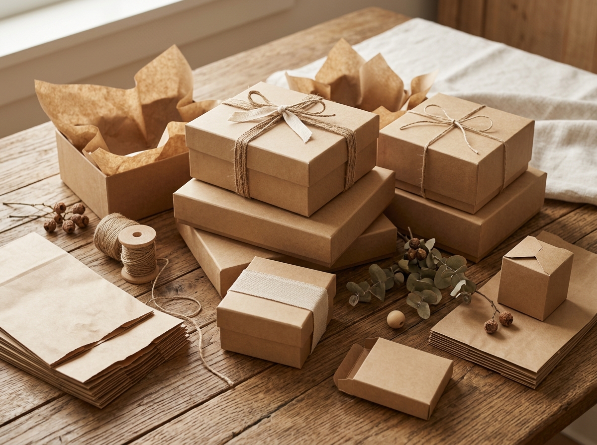 Kraft gift boxes arranged on a wooden surface with natural ribbon and minimal branding