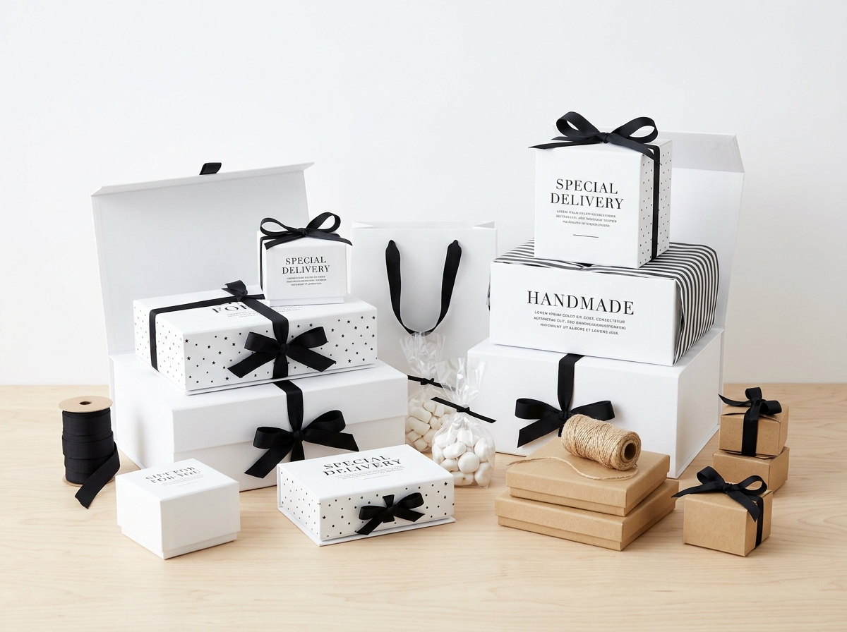 Minimalist white gift boxes with black typography and simple ribbon closures on a clean background