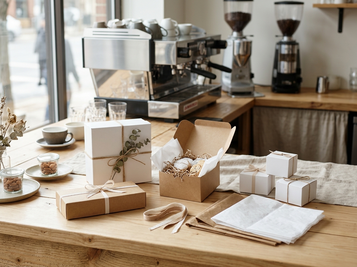 Assorted bakery boxes and pastry packaging arranged on coffee shop counter