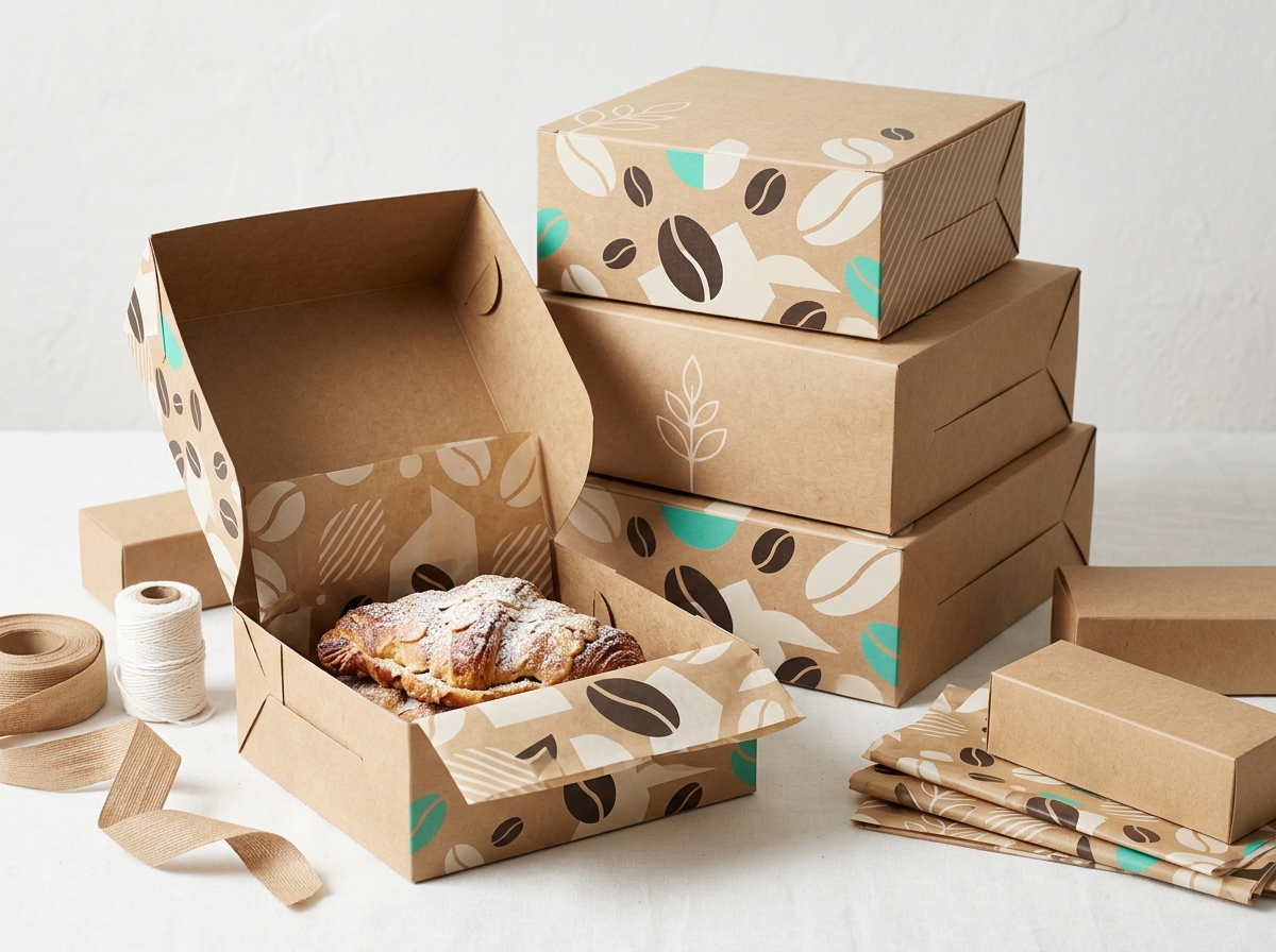 Coffee shop branded bakery boxes with coordinated design elements