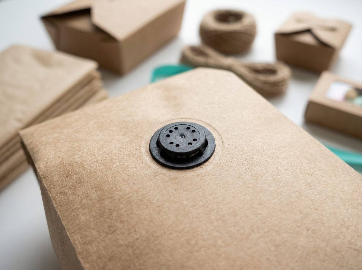 Degassing valve detail on kraft coffee bag showing one-way vent mechanism