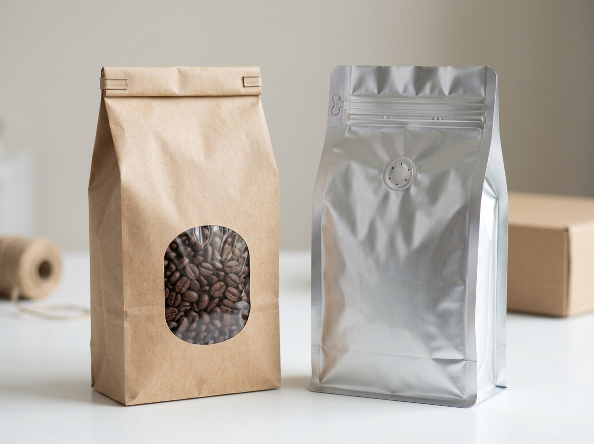 Kraft paper and metallic foil coffee bags side by side showing material comparison