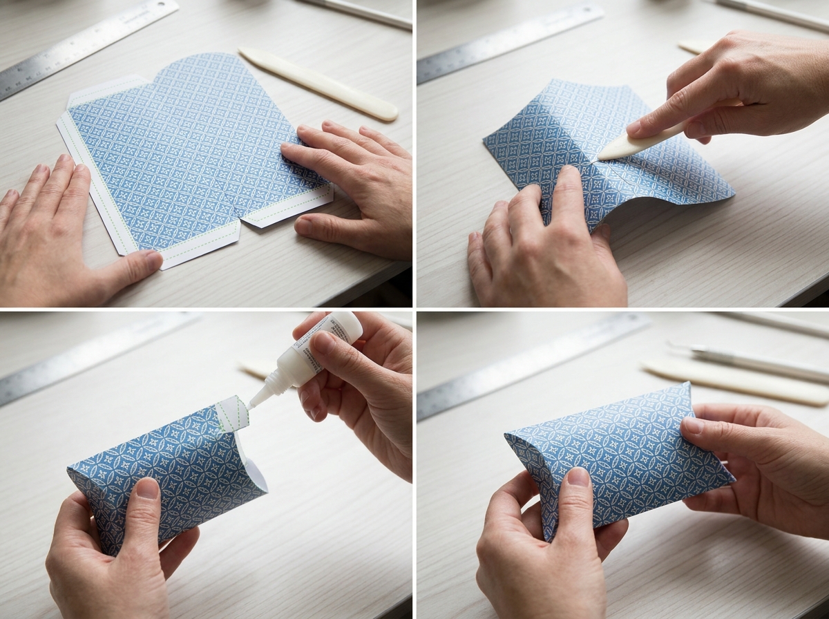 Hands folding a printed pillow box template showing curved end flaps tucking inward