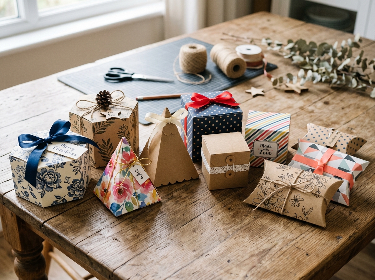 Variety of assembled gift boxes in different shapes including pillow, pyramid, cube, and hexagon made from patterned and kraft cardstock