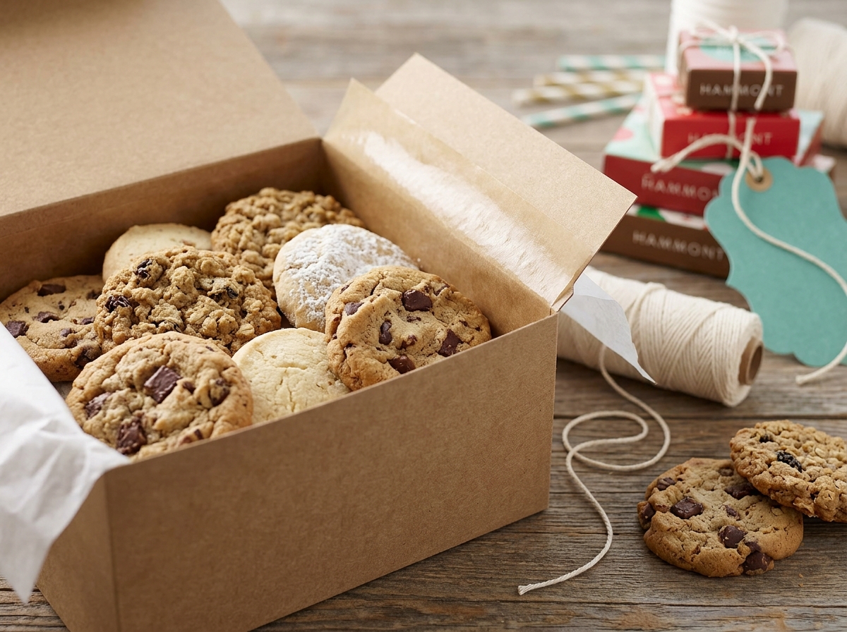 Close-up of kraft cookie box showing grease-resistant surface with buttery cookies inside
