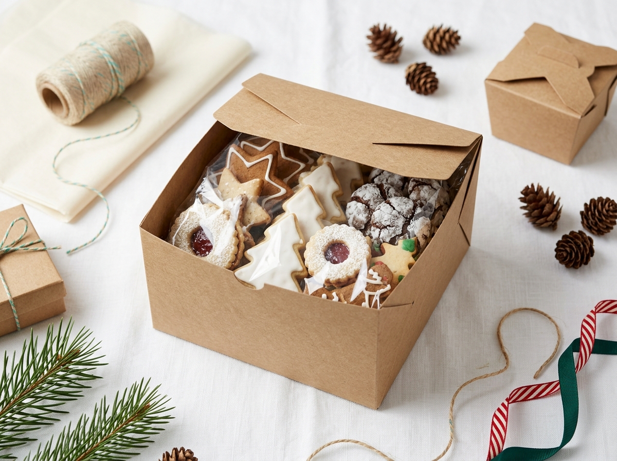 Kraft gift box with tuck-top closure filled with holiday cookies