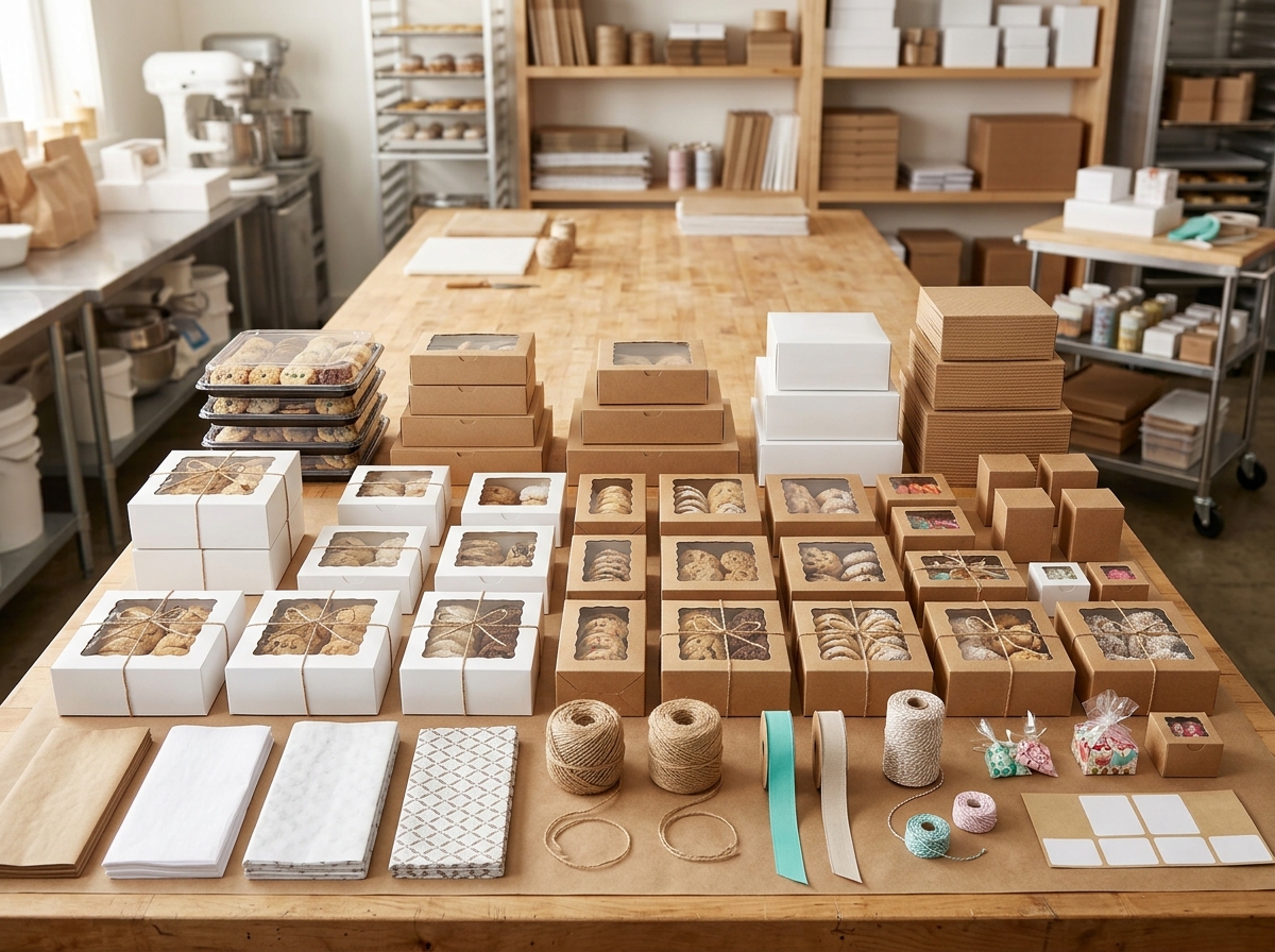 Bakery fulfillment station with organized packaging materials for Black Friday order processing