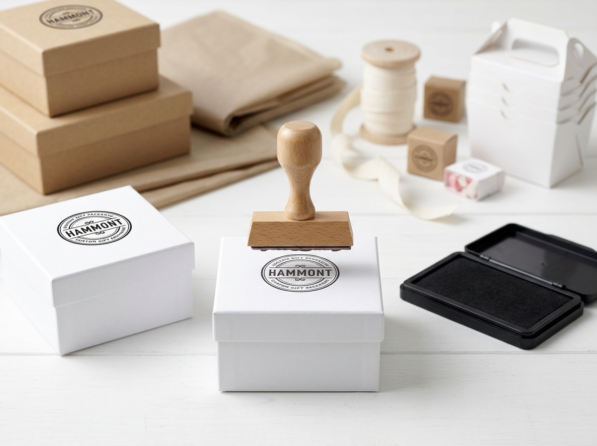 Wooden rubber stamp pressing custom logo onto white gift box