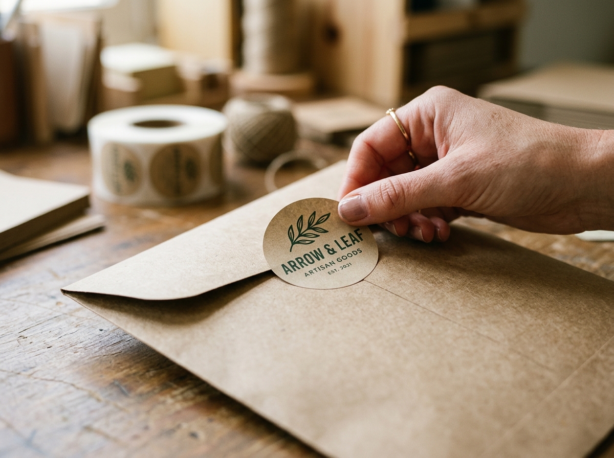 Hand applying branded circular sticker seal to kraft mailer