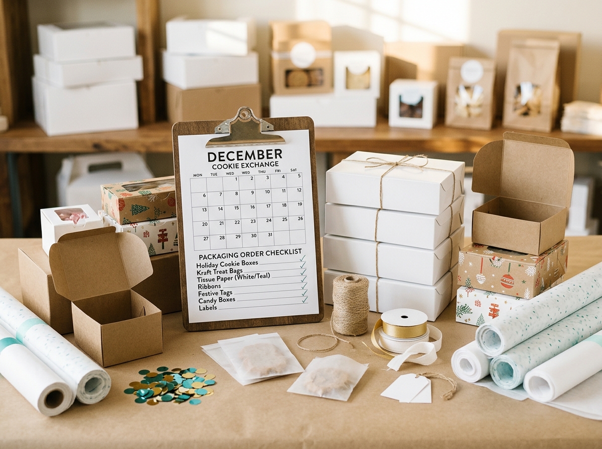 Baker reviewing December calendar with packaging order checklist and bakery boxes