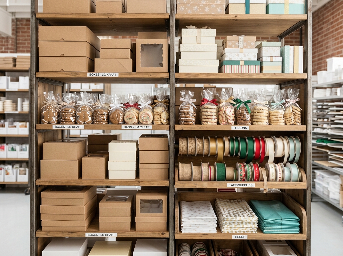 Organized bakery storage shelves with cookie boxes and packaging supplies