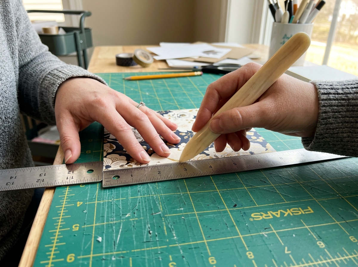 Close-up of hands scoring cardstock with a ruler and bone folder on a crafting mat, showing the proper technique for creating clean fold lines on patterned paper