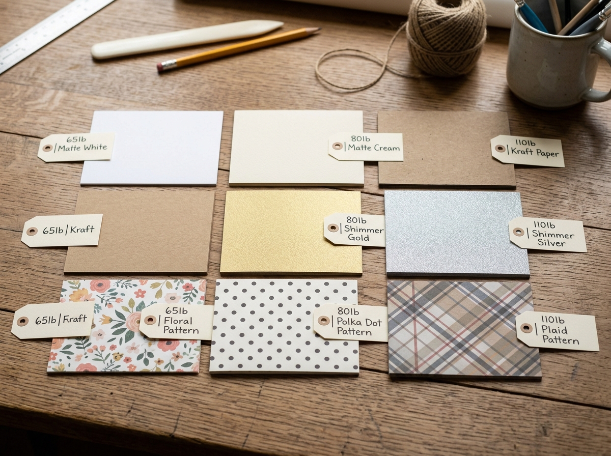 Collection of different cardstock weights and paper types laid out side by side with labels showing 65lb, 80lb, and 110lb weights, including kraft paper, shimmer cardstock, and patterned scrapbook paper