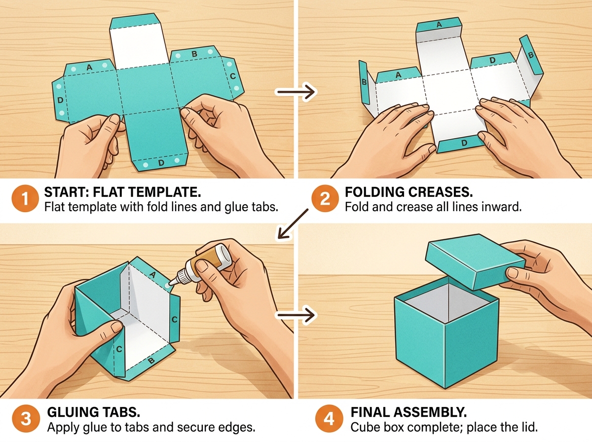 Step-by-step assembly sequence showing a simple cube gift box being folded from a flat template, with tabs being glued and the final assembled box with lid