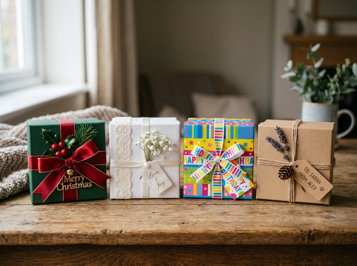 Beautifully decorated DIY gift boxes for different occasions - Christmas box with red ribbon, wedding favor box with lace trim, birthday box with colorful patterns, and minimalist kraft box with twine