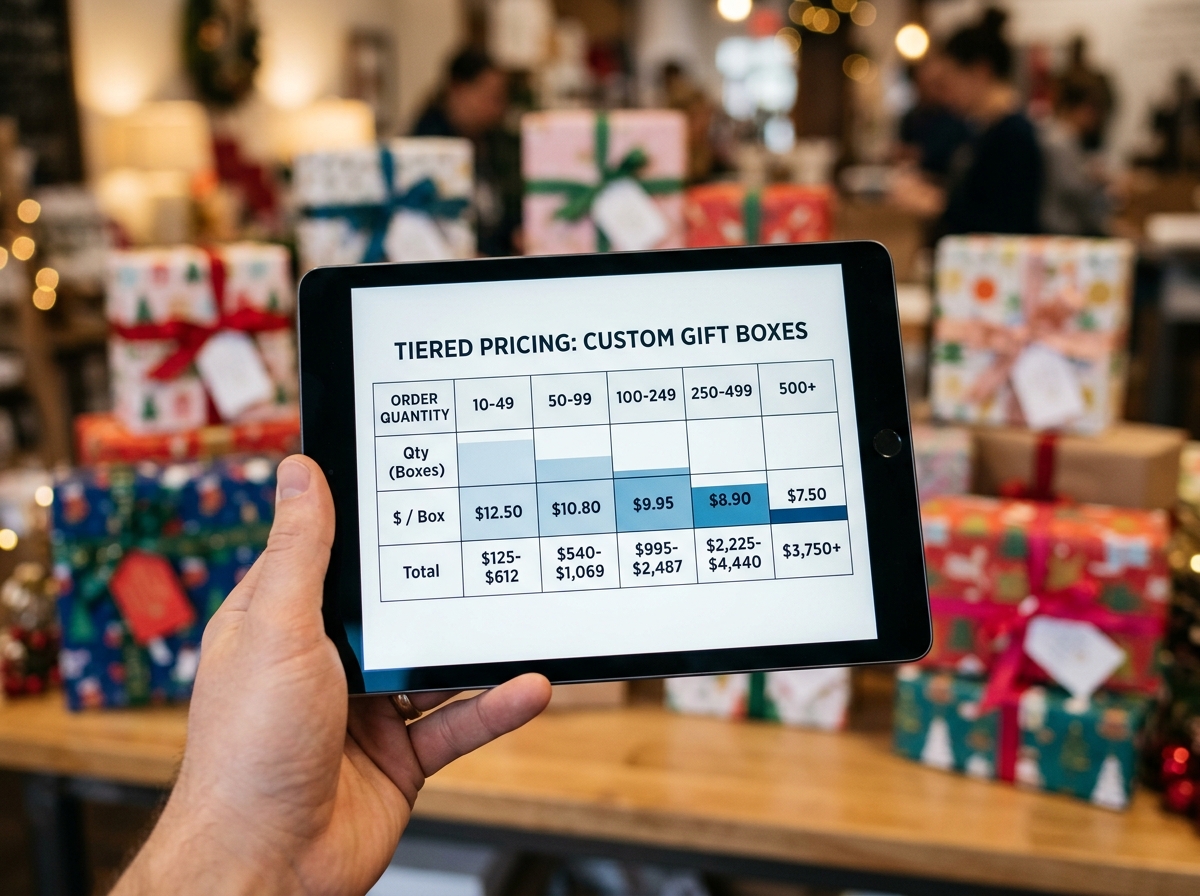 Pricing tier chart on tablet showing declining cost per unit as order quantity increases