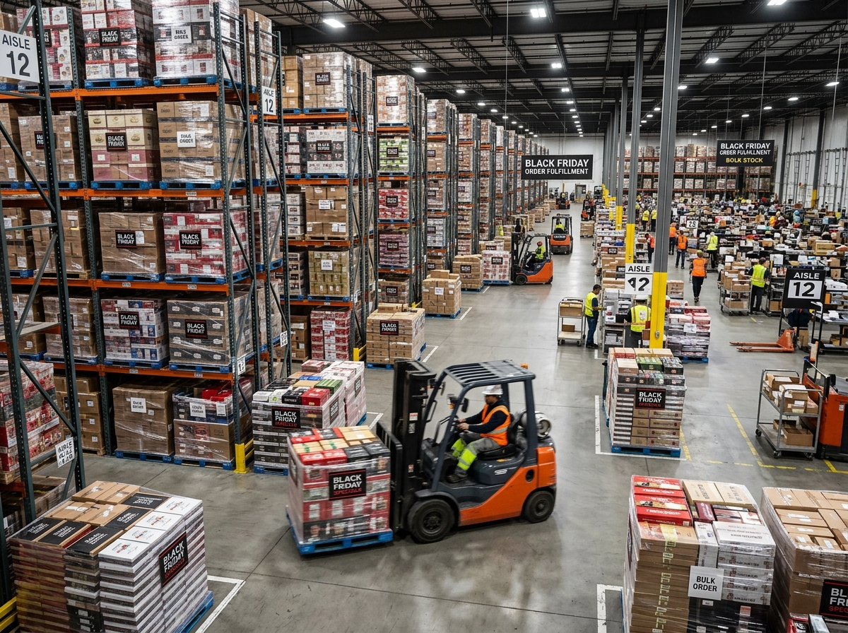Warehouse aisle with floor-to-ceiling pallets of gift boxes staged for Black Friday fulfillment